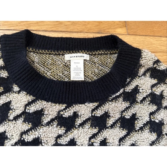 Max Studio Houndstooth Sweater Black Beige Cropped Pullover Knit Long Sleeve top - Picture 6 of 9